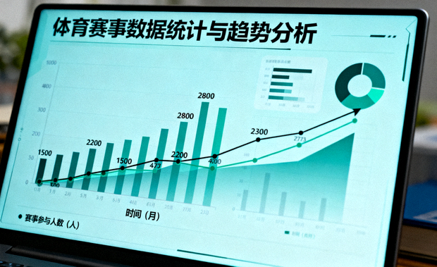 屏幕上显示体育赛事数据统计图表与趋势折线，用于数据分析内容配图